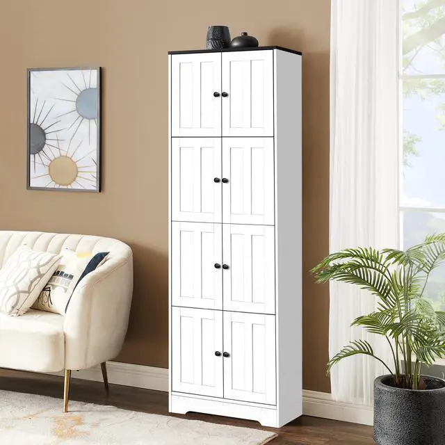 Alt view image 3 of 7 - Tall Storage Cabinet with 8 Doors and 4 Shelves, Wall Storage Cabinet for Living Room, Kitchen, Office, Bedroom, Bathroom, White