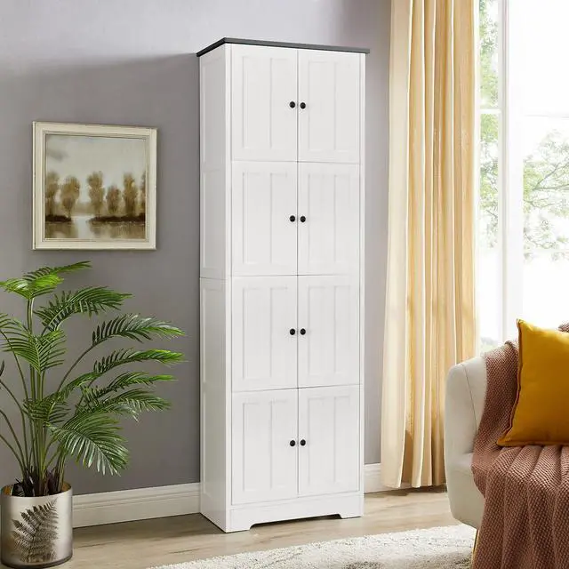 Alt view image 5 of 7 - Tall Storage Cabinet with 8 Doors and 4 Shelves, Wall Storage Cabinet for Living Room, Kitchen, Office, Bedroom, Bathroom, White