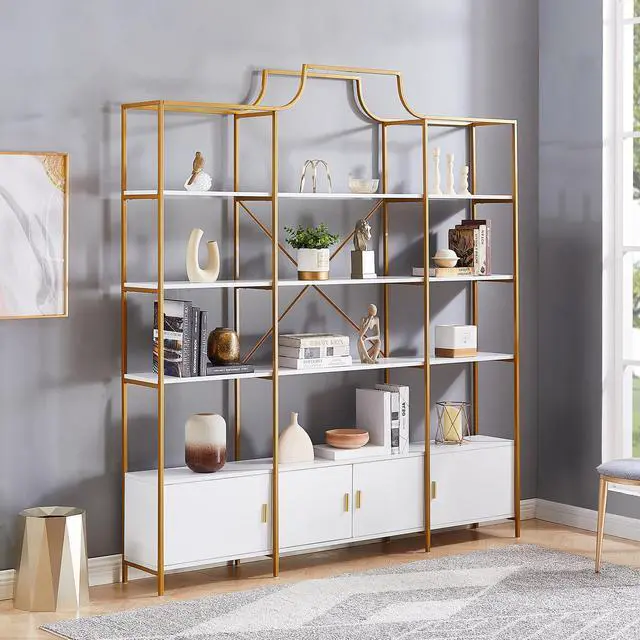 Alt view image 2 of 7 - 78 Inch 4 Tiers Home Office Bookcase Bookshelf, Storage Cabinet Display Shelf, X Bar Gold Frame