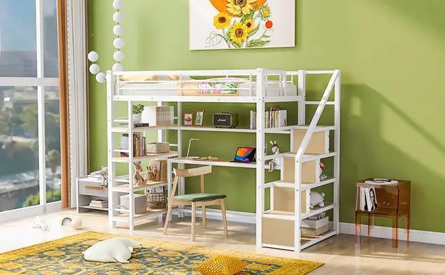 Alt view image 4 of 7 - Twin Size Metal Loft bed with Staircase, Built-in Desk and Storage Shelves, White