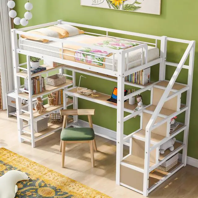 Alt view image 2 of 7 - Twin Size Metal Loft bed with Staircase, Built-in Desk and Storage Shelves, White