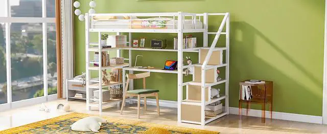 Alt view image 5 of 7 - Twin Size Metal Loft bed with Staircase, Built-in Desk and Storage Shelves, White