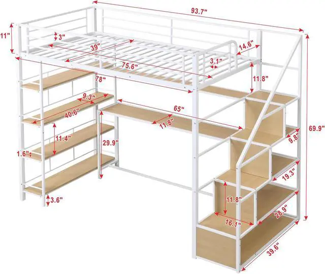 Alt view image 6 of 7 - Twin Size Metal Loft bed with Staircase, Built-in Desk and Storage Shelves, White