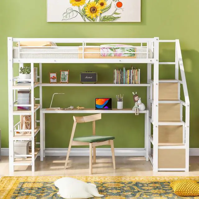 Alt view image 3 of 7 - Twin Size Metal Loft bed with Staircase, Built-in Desk and Storage Shelves, White