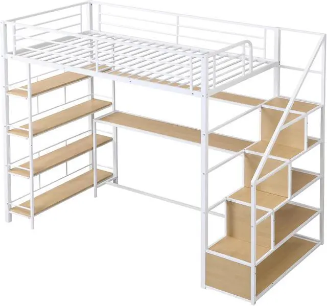 Alt view image 7 of 7 - Twin Size Metal Loft bed with Staircase, Built-in Desk and Storage Shelves, White