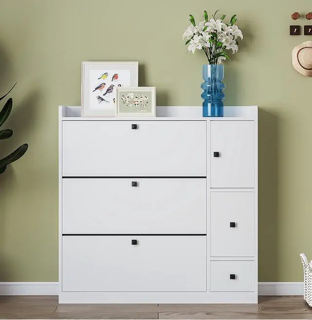 Alt view image 2 of 7 - ON-TREND Versatile Shoe Cabinet with 3 Flip Drawers, Maximum Storage Entryway Organizer with Drawer, Free Standing Shoe Rack with Pull-down Seat for Hallway, White