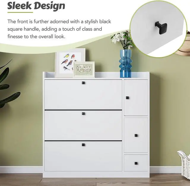 Alt view image 3 of 7 - ON-TREND Versatile Shoe Cabinet with 3 Flip Drawers, Maximum Storage Entryway Organizer with Drawer, Free Standing Shoe Rack with Pull-down Seat for Hallway, White