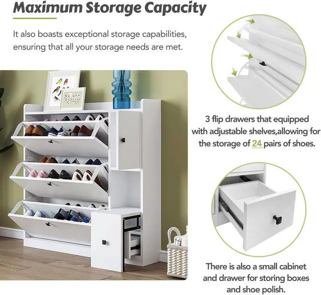 Alt view image 5 of 7 - ON-TREND Versatile Shoe Cabinet with 3 Flip Drawers, Maximum Storage Entryway Organizer with Drawer, Free Standing Shoe Rack with Pull-down Seat for Hallway, White