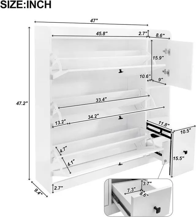 Alt view image 7 of 7 - ON-TREND Versatile Shoe Cabinet with 3 Flip Drawers, Maximum Storage Entryway Organizer with Drawer, Free Standing Shoe Rack with Pull-down Seat for Hallway, White