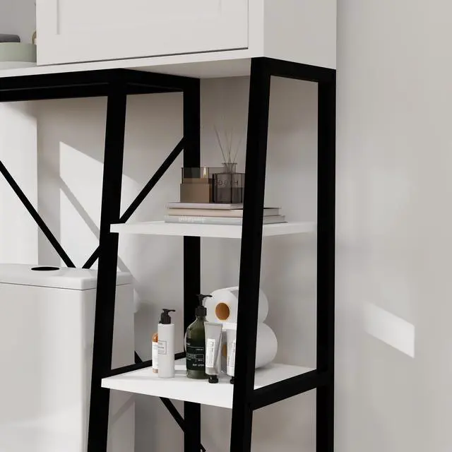 Alt view image 5 of 7 - Over The Toilet Storage Cabinet, Bathroom Shelves Over Toilet with Sliding Barn Door,Adjustable Shelves and Side Storage Rack-White