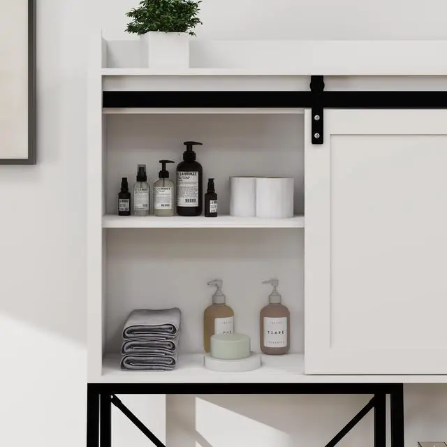 Alt view image 4 of 7 - Over The Toilet Storage Cabinet, Bathroom Shelves Over Toilet with Sliding Barn Door,Adjustable Shelves and Side Storage Rack-White