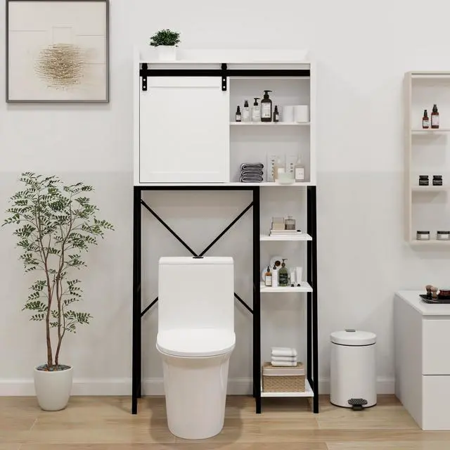 Alt view image 7 of 7 - Over The Toilet Storage Cabinet, Bathroom Shelves Over Toilet with Sliding Barn Door,Adjustable Shelves and Side Storage Rack-White