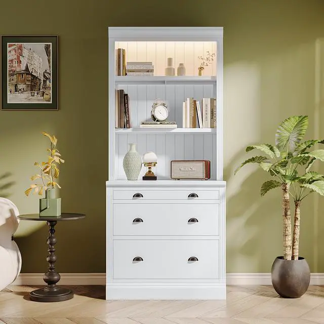 Alt view image 2 of 7 - 83.4"Tall Bookshelf with LED Lighting, Modern Bookcase with 3 Drawer and Open Shelves,Storage Bookshelf for Living Room,Home Office,White