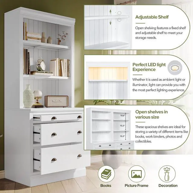 Alt view image 5 of 7 - 83.4"Tall Bookshelf with LED Lighting, Modern Bookcase with 3 Drawer and Open Shelves,Storage Bookshelf for Living Room,Home Office,White