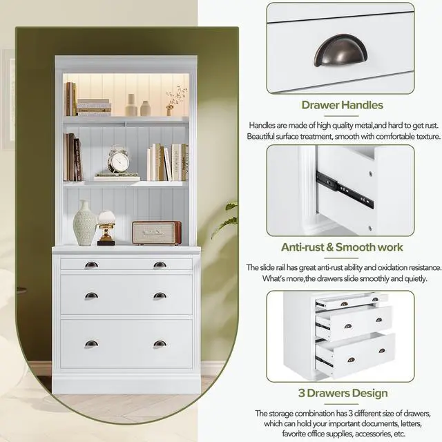 Alt view image 6 of 7 - 83.4"Tall Bookshelf with LED Lighting, Modern Bookcase with 3 Drawer and Open Shelves,Storage Bookshelf for Living Room,Home Office,White