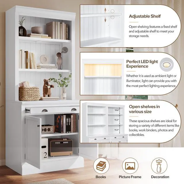 Alt view image 7 of 7 - 83.4"Tall Bookshelf Suite, Modern Bookcase Suite with LED Lighting,Doors and Drawers,2-Piece Set Storage Bookcase with Open Shelves for Living Room,Home Office,White