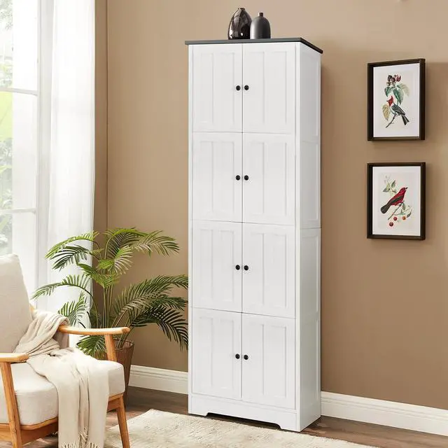 Alt view image 4 of 7 - Tall Storage Cabinet with 8 Doors and 4 Shelves, Wall Storage Cabinet for Living Room, Kitchen, Office, Bedroom, Bathroom, White