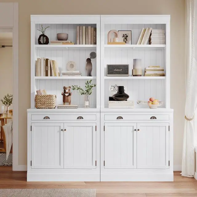 Main image of 83.4"Tall Bookshelf Suite, Modern Bookcase Suite with LED Lighting,Doors and Drawers,2-Piece Set Storage Bookcase with Open Shelves for Living Room,Home Office,White