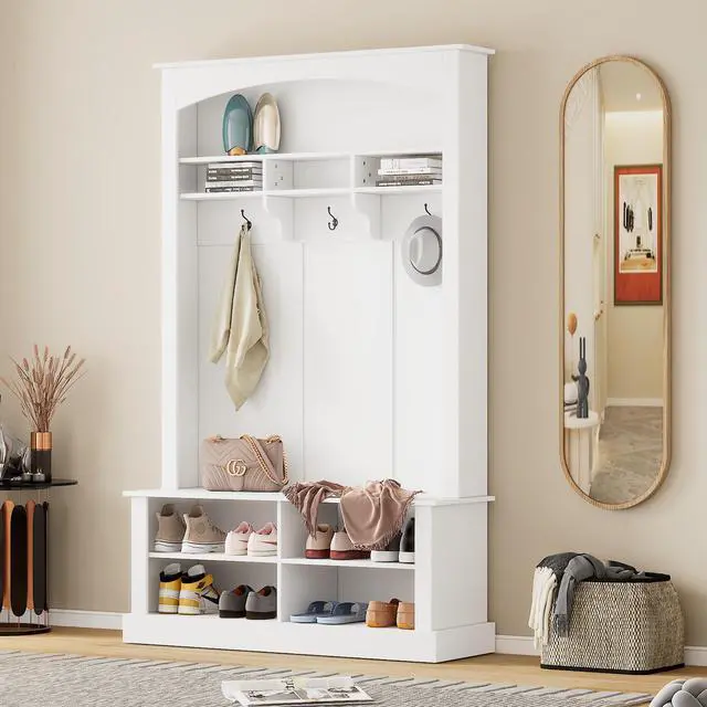 Main image of ON-TREND 47.2'' Wide Hall Tree with Bench and Shoe Storage, Multi-functional Storage Bench with 3 Hanging Hooks & Open Storage Space, Rectangle Storage & Shelves Coat Rack for Hallway, White