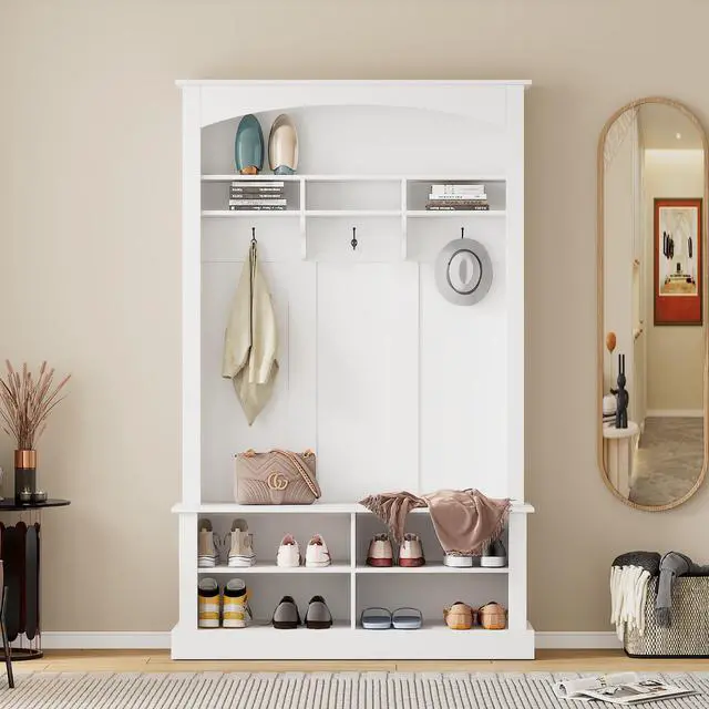 Alt view image 2 of 7 - ON-TREND 47.2'' Wide Hall Tree with Bench and Shoe Storage, Multi-functional Storage Bench with 3 Hanging Hooks & Open Storage Space, Rectangle Storage & Shelves Coat Rack for Hallway, White