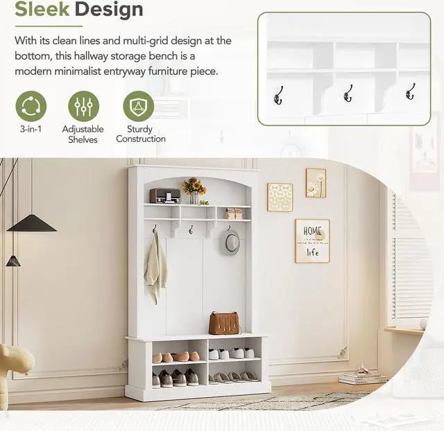 Alt view image 5 of 7 - ON-TREND 47.2'' Wide Hall Tree with Bench and Shoe Storage, Multi-functional Storage Bench with 3 Hanging Hooks & Open Storage Space, Rectangle Storage & Shelves Coat Rack for Hallway, White