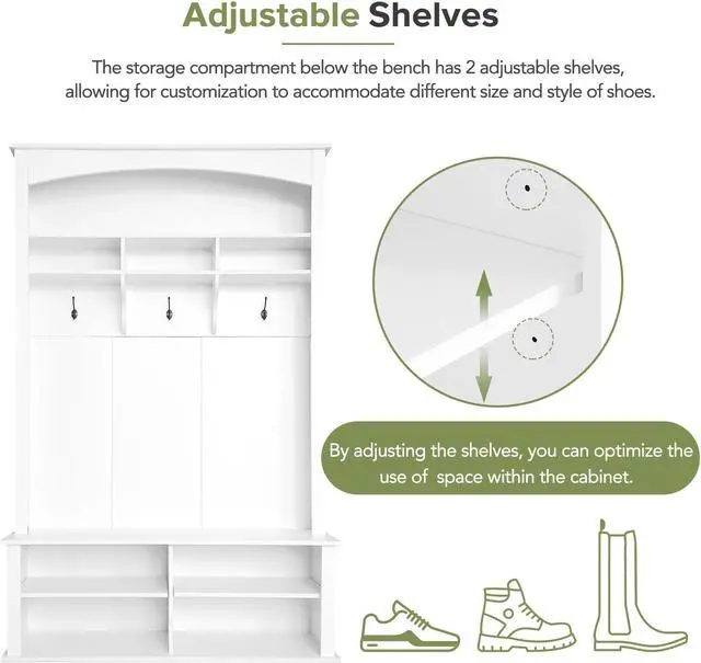 Alt view image 4 of 7 - ON-TREND 47.2'' Wide Hall Tree with Bench and Shoe Storage, Multi-functional Storage Bench with 3 Hanging Hooks & Open Storage Space, Rectangle Storage & Shelves Coat Rack for Hallway, White