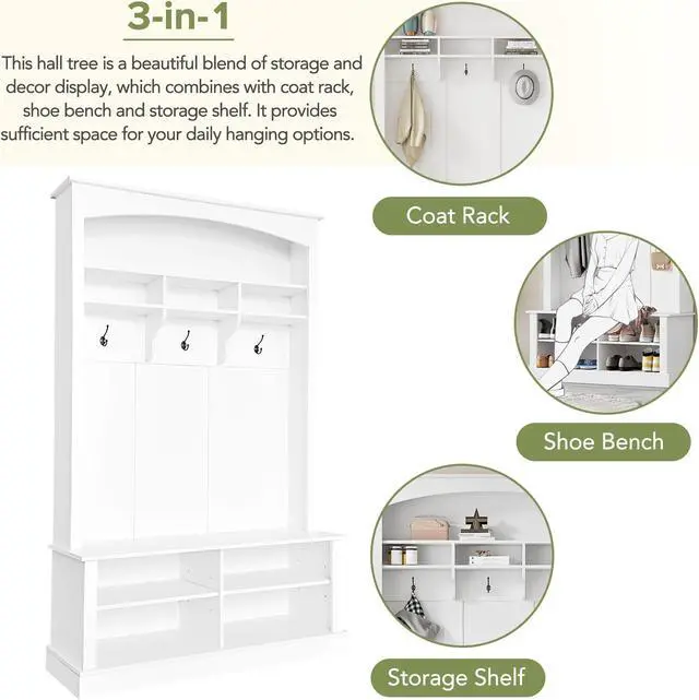 Alt view image 3 of 7 - ON-TREND 47.2'' Wide Hall Tree with Bench and Shoe Storage, Multi-functional Storage Bench with 3 Hanging Hooks & Open Storage Space, Rectangle Storage & Shelves Coat Rack for Hallway, White