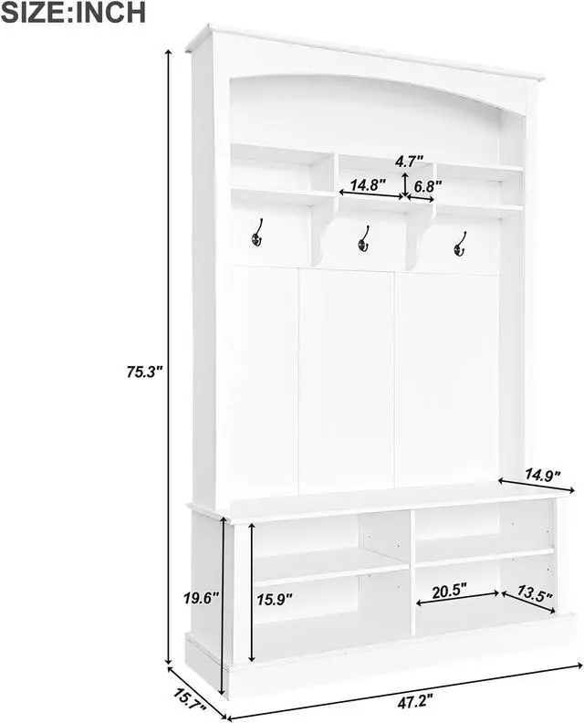 Alt view image 7 of 7 - ON-TREND 47.2'' Wide Hall Tree with Bench and Shoe Storage, Multi-functional Storage Bench with 3 Hanging Hooks & Open Storage Space, Rectangle Storage & Shelves Coat Rack for Hallway, White