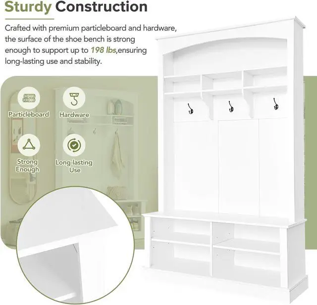 Alt view image 6 of 7 - ON-TREND 47.2'' Wide Hall Tree with Bench and Shoe Storage, Multi-functional Storage Bench with 3 Hanging Hooks & Open Storage Space, Rectangle Storage & Shelves Coat Rack for Hallway, White