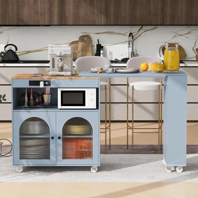 Main image of K&K Rolling Kitchen Island With Extended Table, Kitchen Island on Wheels with LED Lights,Power Outlets and 2 Fluted Glass Doors, Kitchen Island with a Storage Compartment and Side 3 Open Shelves, Grey