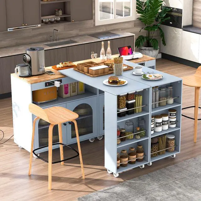 Alt view image 3 of 7 - K&K Rolling Kitchen Island With Extended Table, Kitchen Island on Wheels with LED Lights,Power Outlets and 2 Fluted Glass Doors, Kitchen Island with a Storage Compartment and Side 3 Open Shelves, Grey