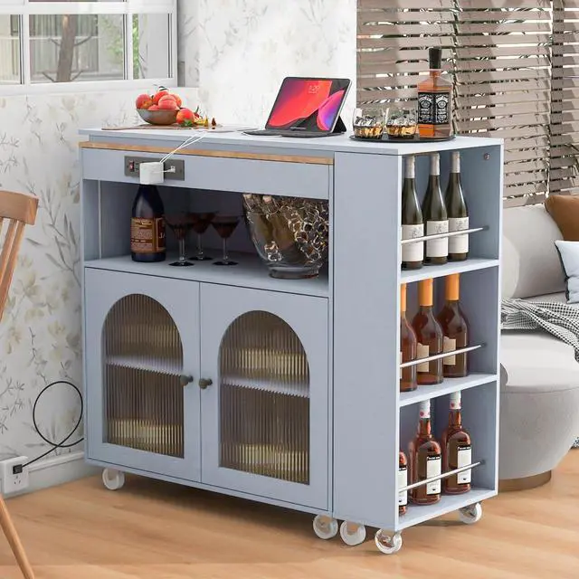 Alt view image 5 of 7 - K&K Rolling Kitchen Island With Extended Table, Kitchen Island on Wheels with LED Lights,Power Outlets and 2 Fluted Glass Doors, Kitchen Island with a Storage Compartment and Side 3 Open Shelves, Grey
