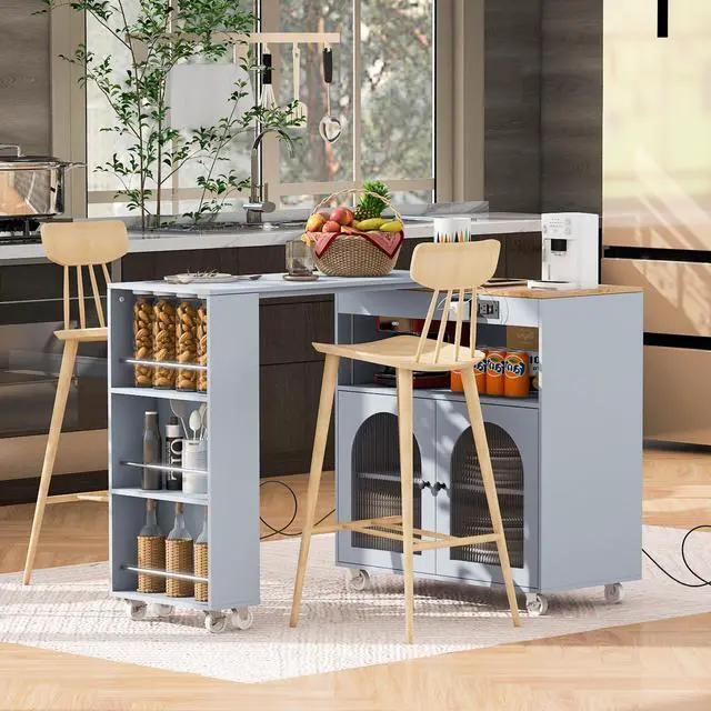 Alt view image 4 of 7 - K&K Rolling Kitchen Island With Extended Table, Kitchen Island on Wheels with LED Lights,Power Outlets and 2 Fluted Glass Doors, Kitchen Island with a Storage Compartment and Side 3 Open Shelves, Grey