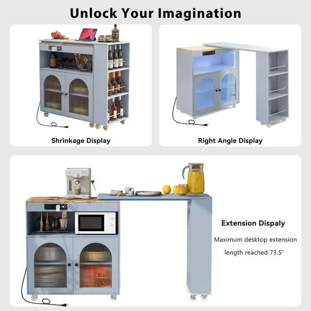 Alt view image 6 of 7 - K&K Rolling Kitchen Island With Extended Table, Kitchen Island on Wheels with LED Lights,Power Outlets and 2 Fluted Glass Doors, Kitchen Island with a Storage Compartment and Side 3 Open Shelves, Grey