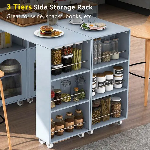 Alt view image 7 of 7 - K&K Rolling Kitchen Island With Extended Table, Kitchen Island on Wheels with LED Lights,Power Outlets and 2 Fluted Glass Doors, Kitchen Island with a Storage Compartment and Side 3 Open Shelves, Grey