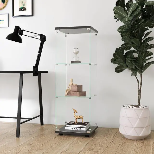 Alt view image 4 of 7 - Glass Display Cabinet with 3 Shelves, One-Door Curio Cabinets for Living Room, Bedroom, Office, Black Floor Standing Glass Bookshelf, Quick Installation