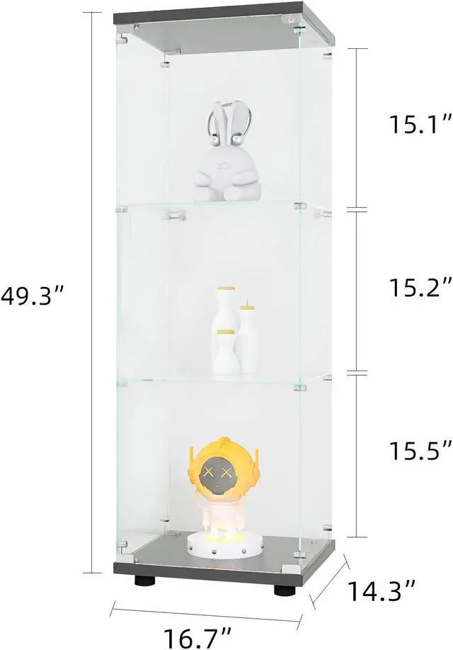 Alt view image 2 of 7 - Glass Display Cabinet with 3 Shelves, One-Door Curio Cabinets for Living Room, Bedroom, Office, Black Floor Standing Glass Bookshelf, Quick Installation