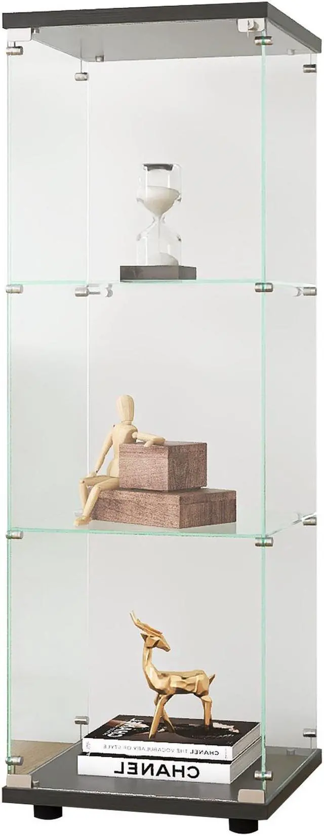 Alt view image 7 of 7 - Glass Display Cabinet with 3 Shelves, One-Door Curio Cabinets for Living Room, Bedroom, Office, Black Floor Standing Glass Bookshelf, Quick Installation