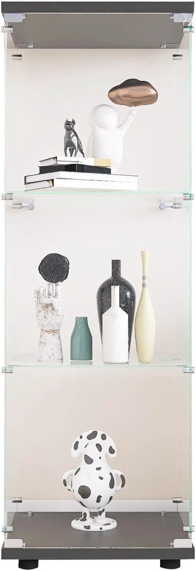 Alt view image 6 of 7 - Glass Display Cabinet with 3 Shelves, One-Door Curio Cabinets for Living Room, Bedroom, Office, Black Floor Standing Glass Bookshelf, Quick Installation