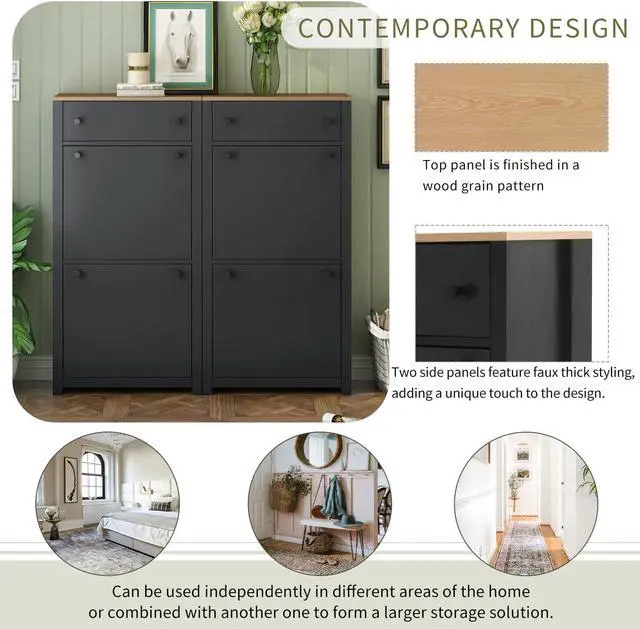 Alt view image 3 of 7 - ON-TREND Slim Shoe Cabinet Set with 4 Flip Drawers, Wood Grain Pattern Top Shoe Storage Solution with Adjustable Panel, Modern Style Shoe Rack with Drawers for Hallway, Black