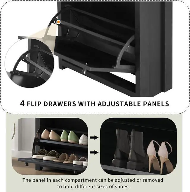 Alt view image 5 of 7 - ON-TREND Slim Shoe Cabinet Set with 4 Flip Drawers, Wood Grain Pattern Top Shoe Storage Solution with Adjustable Panel, Modern Style Shoe Rack with Drawers for Hallway, Black