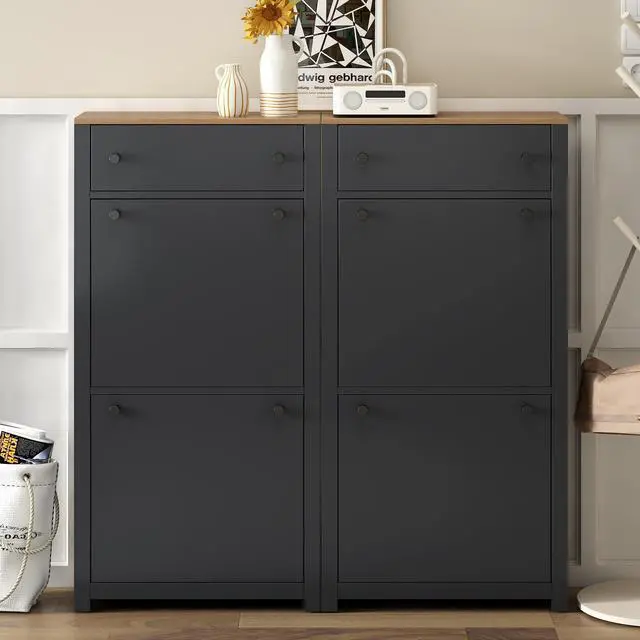 Alt view image 2 of 7 - ON-TREND Slim Shoe Cabinet Set with 4 Flip Drawers, Wood Grain Pattern Top Shoe Storage Solution with Adjustable Panel, Modern Style Shoe Rack with Drawers for Hallway, Black