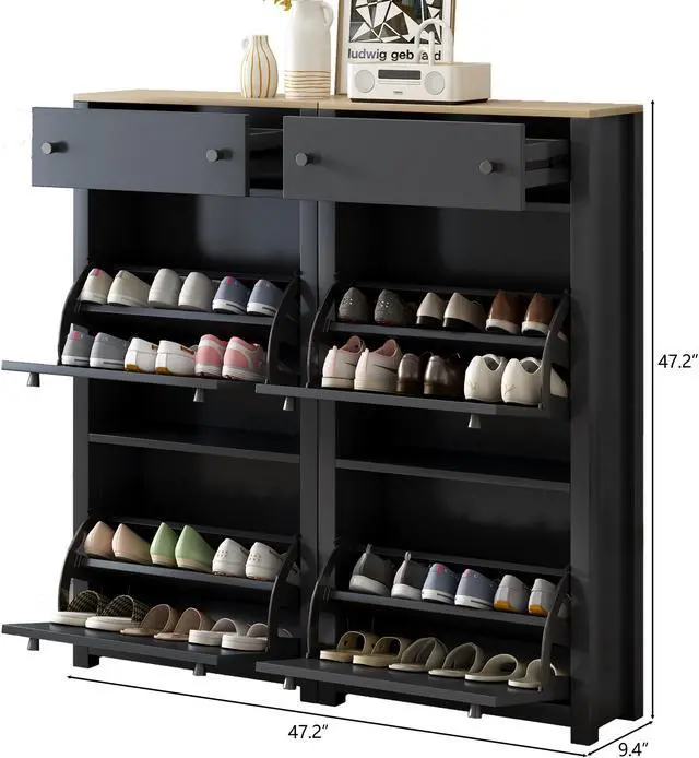 Alt view image 7 of 7 - ON-TREND Slim Shoe Cabinet Set with 4 Flip Drawers, Wood Grain Pattern Top Shoe Storage Solution with Adjustable Panel, Modern Style Shoe Rack with Drawers for Hallway, Black