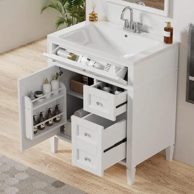 Main image of 30'' Bathroom Vanity with Top Sink, Modern Bathroom Storage Cabinet with 2 Drawers and a Tip-out Drawer, Single Sink Bathroom Vanity