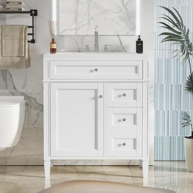Alt view image 4 of 7 - 30'' Bathroom Vanity with Top Sink, Modern Bathroom Storage Cabinet with 2 Drawers and a Tip-out Drawer, Single Sink Bathroom Vanity