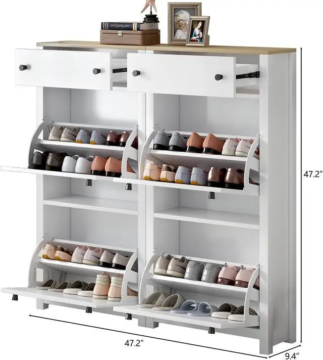 Alt view image 7 of 7 - ON-TREND Slim Shoe Cabinet Set with 4 Flip Drawers, Wood Grain Pattern Top Shoe Storage Solution with Adjustable Panel, Modern Style Shoe Rack with Drawers for Hallway, White