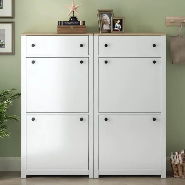 Alt view image 2 of 7 - ON-TREND Slim Shoe Cabinet Set with 4 Flip Drawers, Wood Grain Pattern Top Shoe Storage Solution with Adjustable Panel, Modern Style Shoe Rack with Drawers for Hallway, White