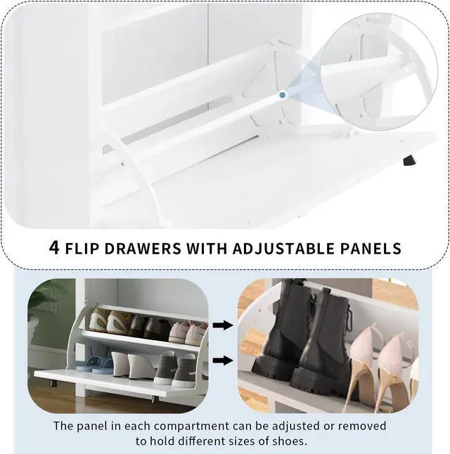 Alt view image 5 of 7 - ON-TREND Slim Shoe Cabinet Set with 4 Flip Drawers, Wood Grain Pattern Top Shoe Storage Solution with Adjustable Panel, Modern Style Shoe Rack with Drawers for Hallway, White