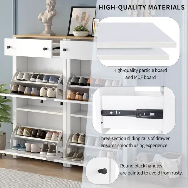 Alt view image 6 of 7 - ON-TREND Slim Shoe Cabinet Set with 4 Flip Drawers, Wood Grain Pattern Top Shoe Storage Solution with Adjustable Panel, Modern Style Shoe Rack with Drawers for Hallway, White