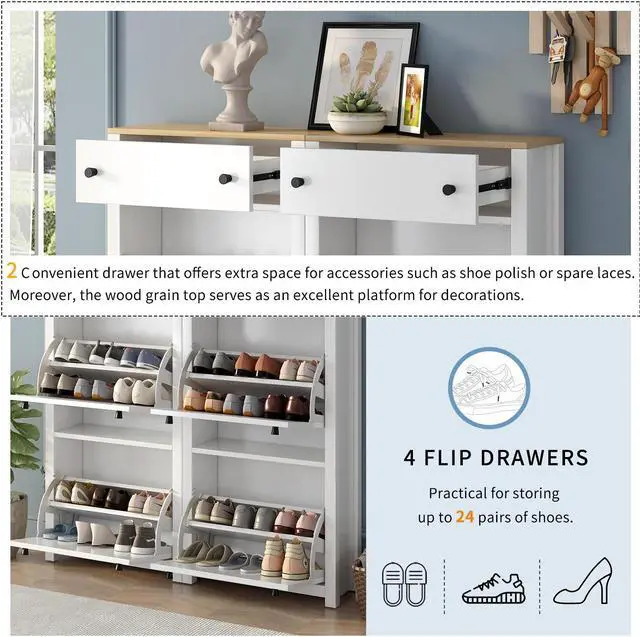 Alt view image 4 of 7 - ON-TREND Slim Shoe Cabinet Set with 4 Flip Drawers, Wood Grain Pattern Top Shoe Storage Solution with Adjustable Panel, Modern Style Shoe Rack with Drawers for Hallway, White
